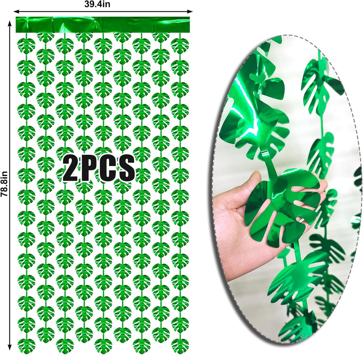 2 Packs Jungle Leaf Foil Fringe Curtain, Green Glitter Tropical Palm Leaves Metallic Tinsel