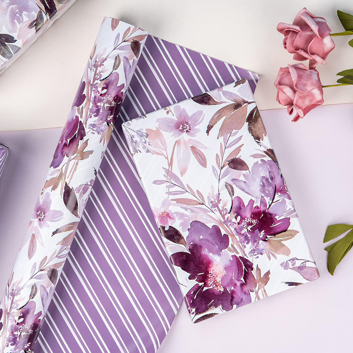WRAPAHOLIC 30 Inch Jumbo Reversible Floral Wrapping Paper - 30 Inch X 33 Feet - Purple Floral