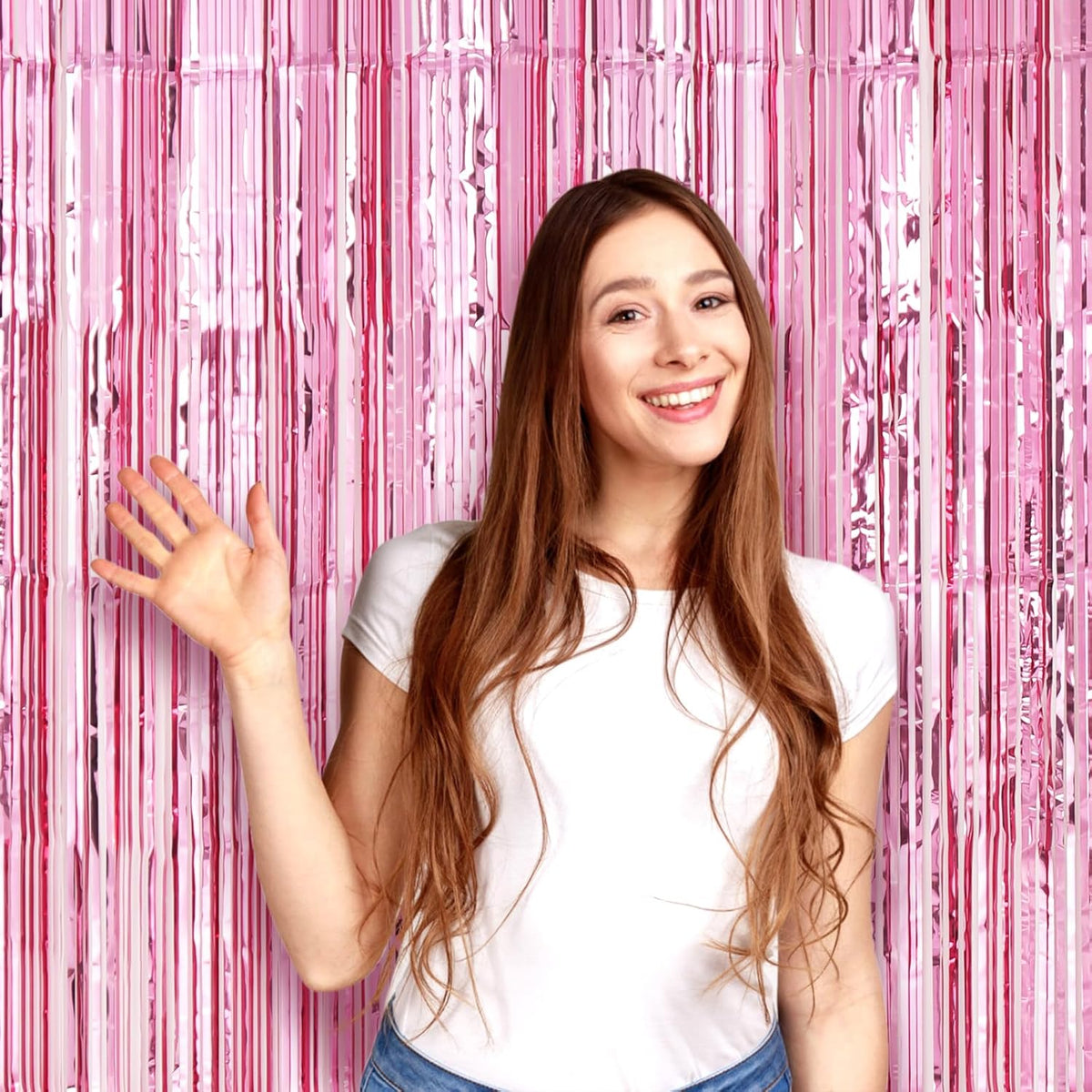 2 Pack Light Pink Foil Fringe Backdrop Curtains, Tinsel Streamers Birthday Party Decorations