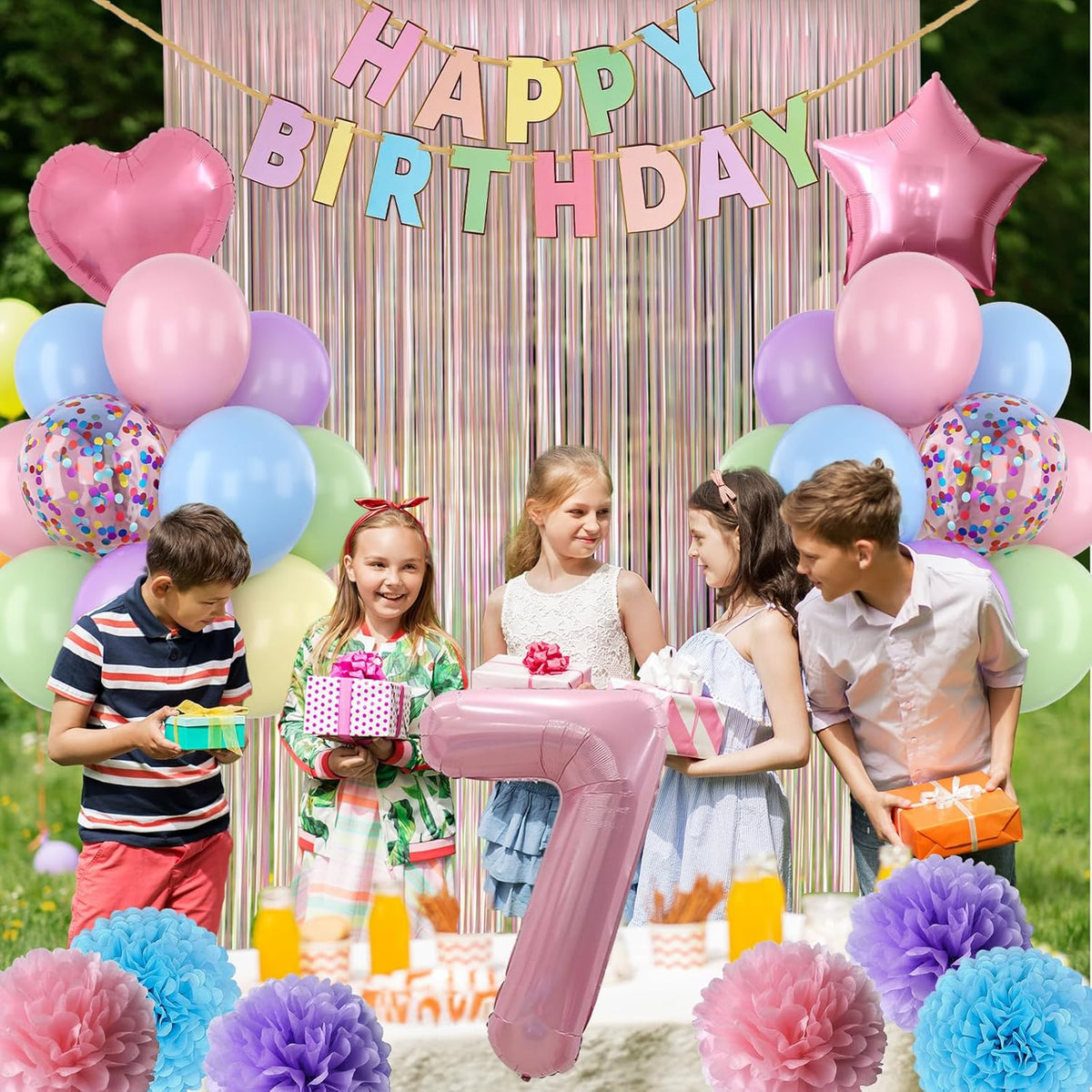 Pastel 7th Birthday Party Decorations for Girls Number 7 Balloon Happy Birthday Banner Butterfly