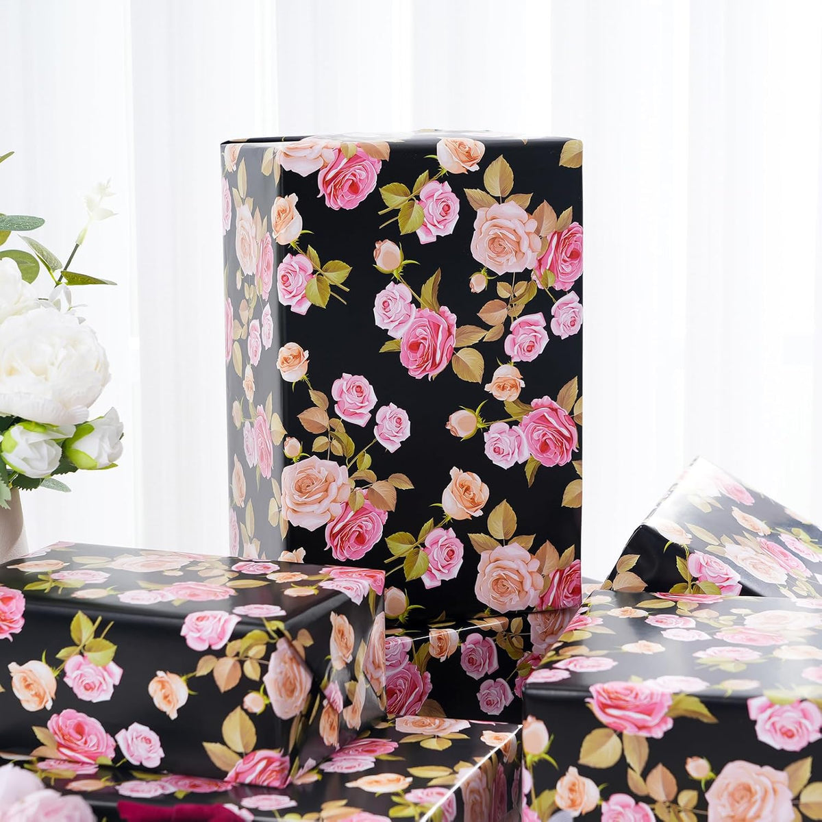 Ulmasinn Floral Wrapping Paper Roll - 17 Inches x 33 Feet - Vintage Romantic Pink Rose Flower Gift