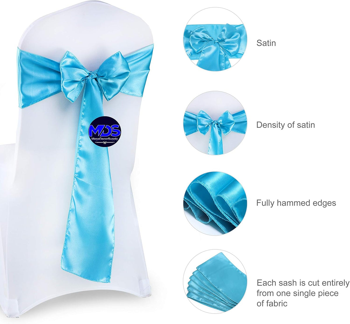 MDS Pack of 300 PCS Satin Chair Sashes Charmeuse Sateen Dining Chair Bows Ribbon Ties Back Sash for