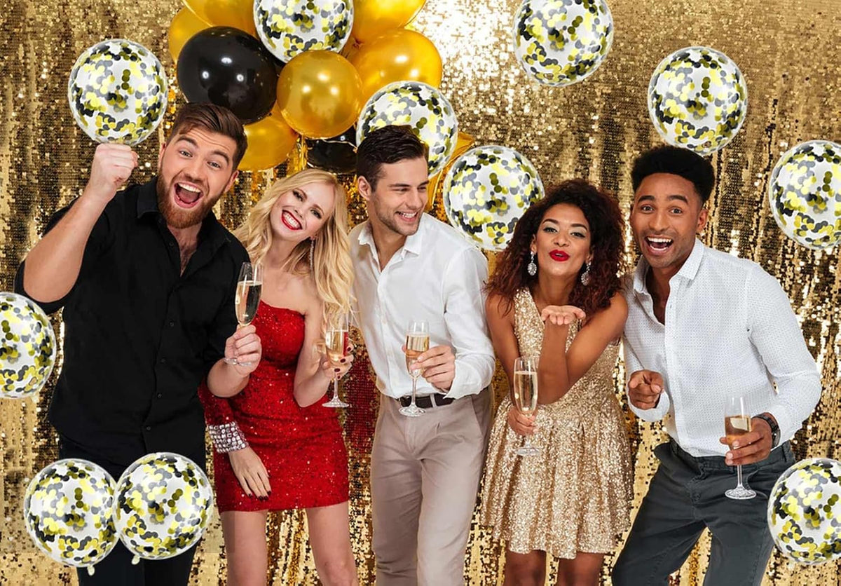 50pcs Gold Black Foil Confetti Balloons,12 inch Latex Balloon with Gold Black Confetti Inside for