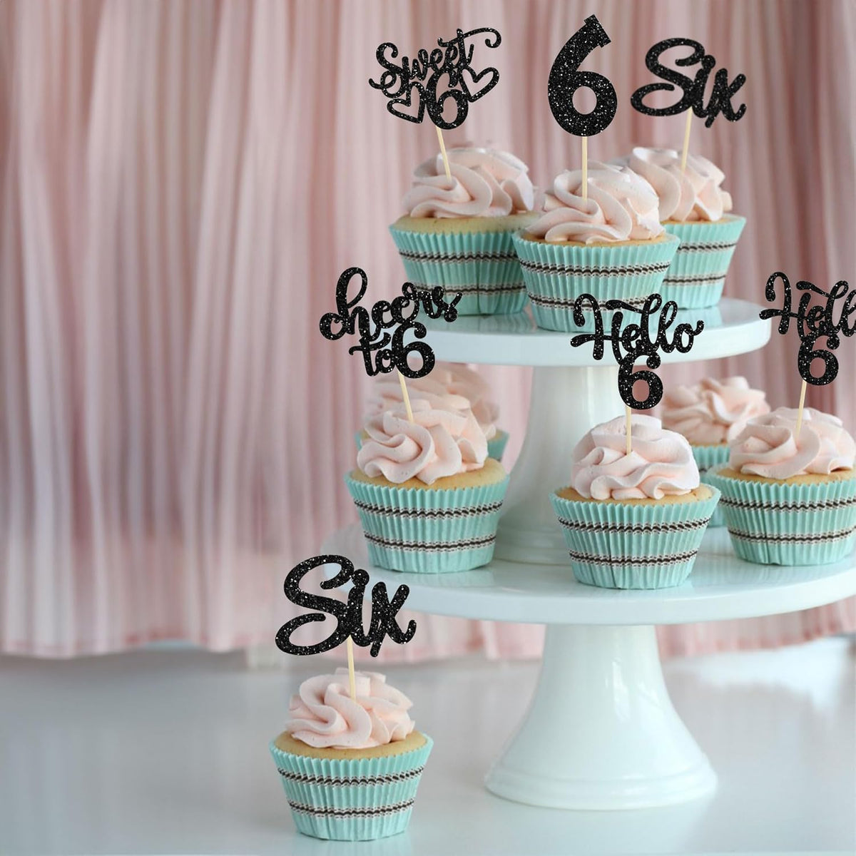 30Pcs 6th Birthday Cupcake Toppers Glitter Six Hello 6 Cupcake Picks Cheers to 6 Years Old Cake
