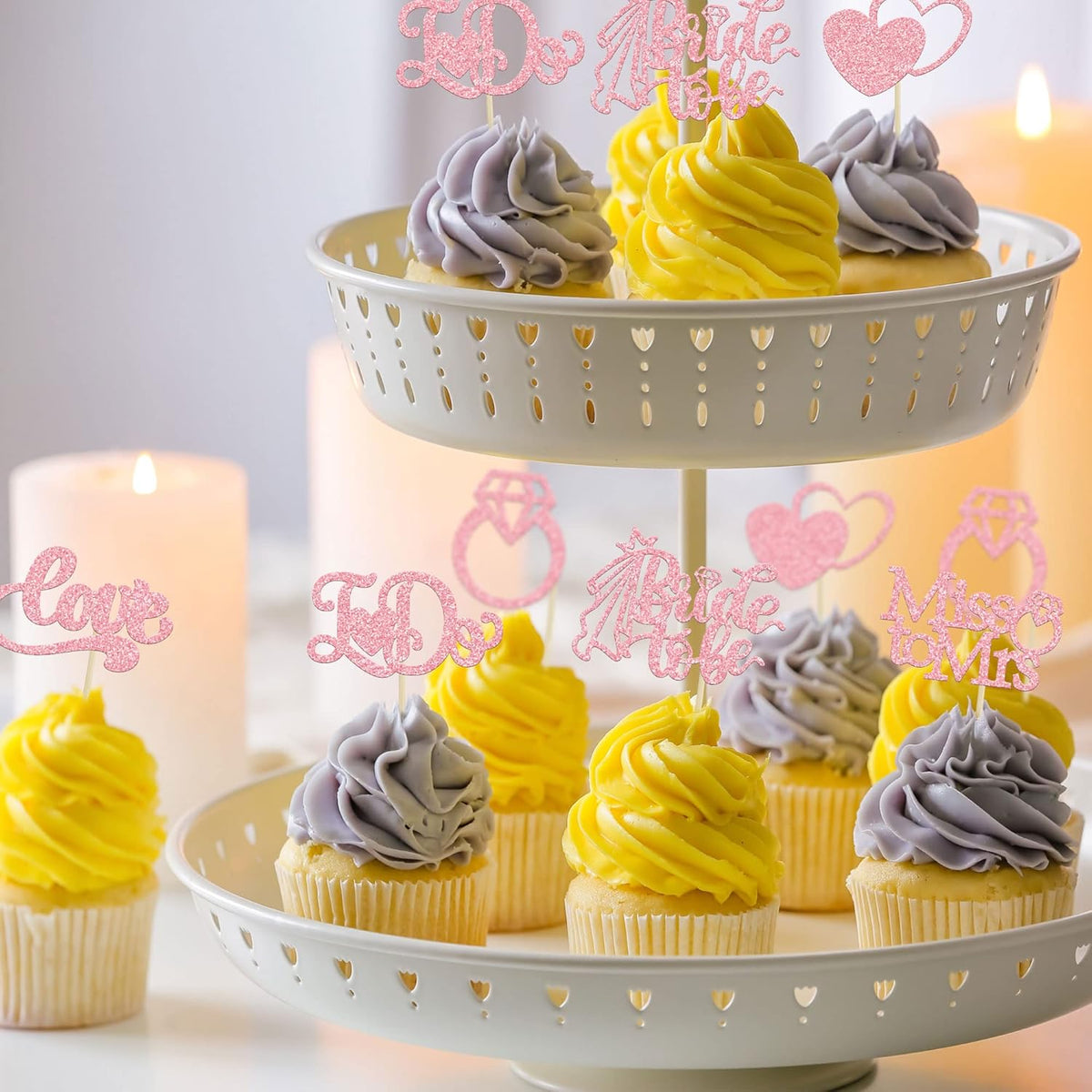 Gyufise 24Pcs Bride to Be Cupcake Toppers Pink Glitter I Do Love Heart Ring Miss To Mrs Cupcake