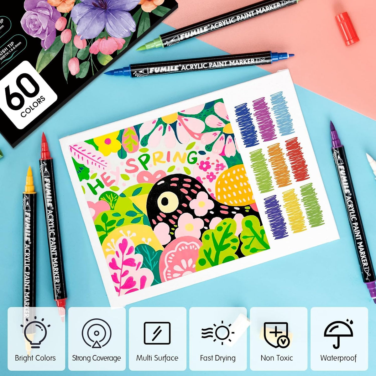 FUMILE 60 Colors Acrylic Paint Markers Dual Tip(Fine and Brush Tip), Acrylic Paint Pens paint