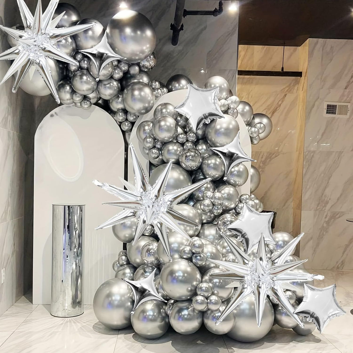 Silver Star Balloons, 22in Large Star Balloons Foil 10in 4-Pointed & Silver Pentagram Balloon for