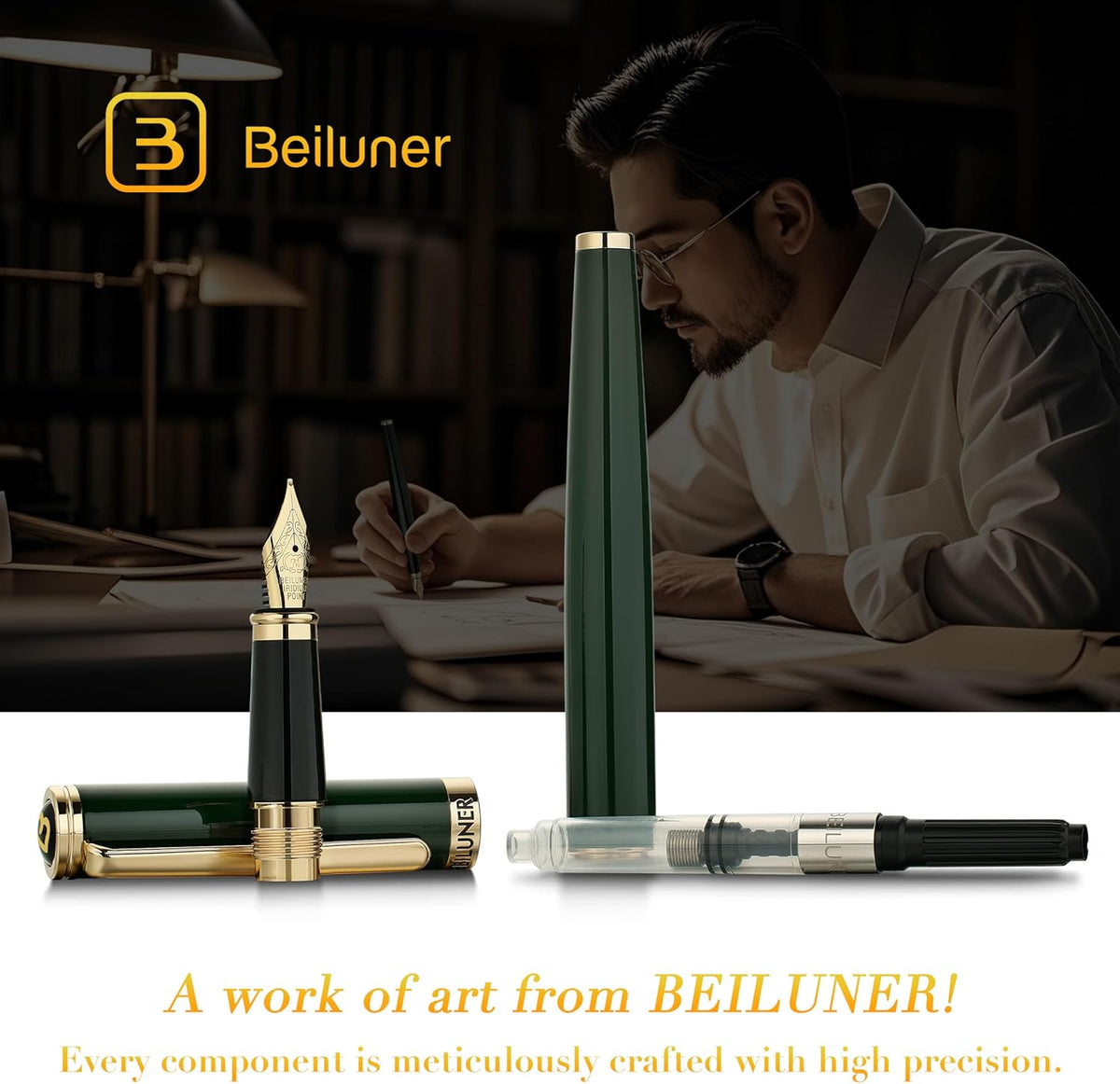 BEILUNER Racing Green Fountain Pen,Stunning Luxury Pens with 24K Gold Finish, Gorgeous 24K Gilded