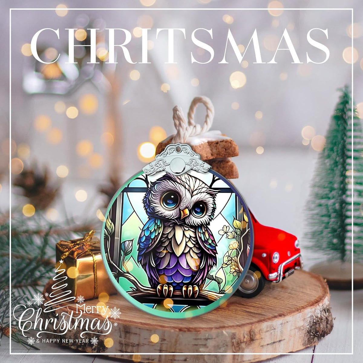 Stained Glass Effections, Christmas Tree 4 Inch Acrylic Ornament Art, White Elephant Gifts Car