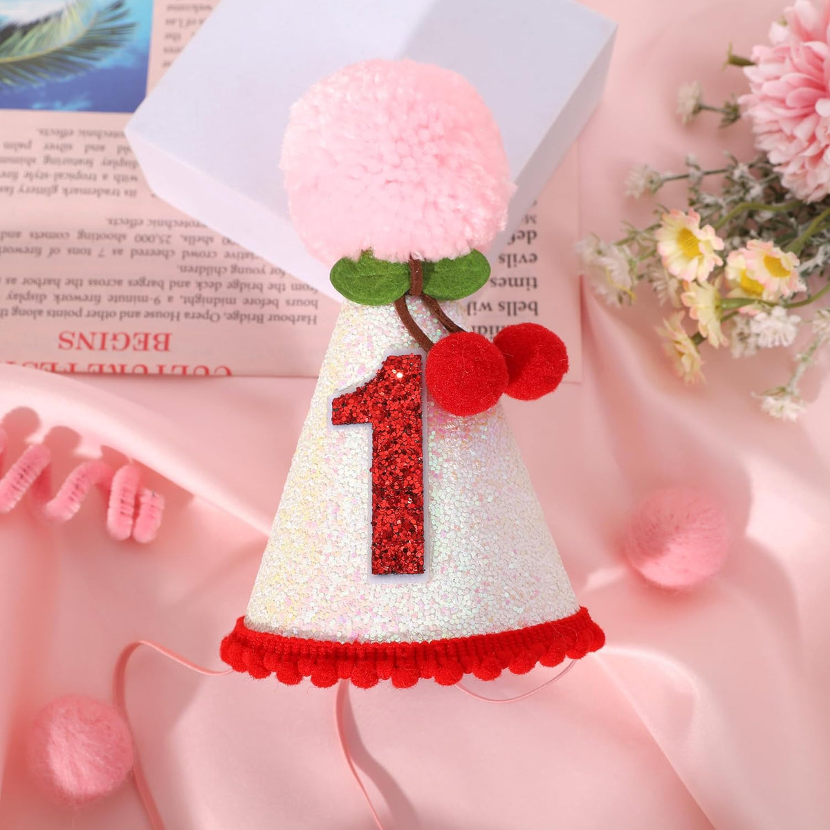 Cherry 1st Birthday Hat - Sweet One Party Decorations, Pink Glitter First Crown for Girls, Fruit