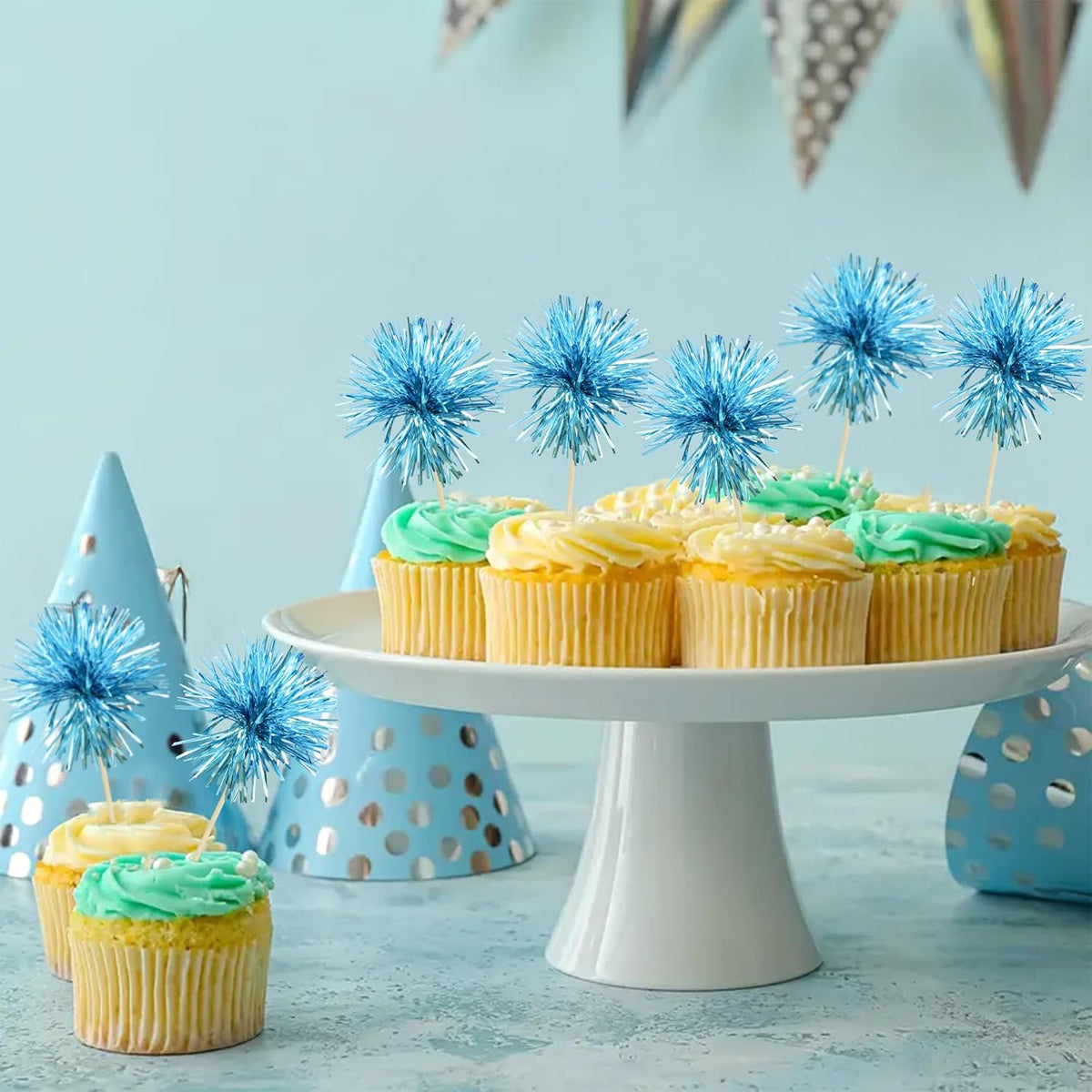 Ephlyn 30Pcs Foil Firework Cupcake Toppers Sparkle Tinsel Cupcake Picks Happy Birthday Cake Toppers