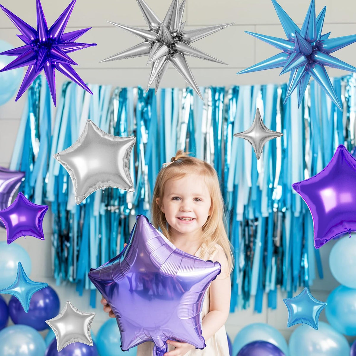 16 Pcs Blue Purple Silver Star Balloons, 22/18/10 Inch Foil Balloons, Four-Pointed Balloon for Boy