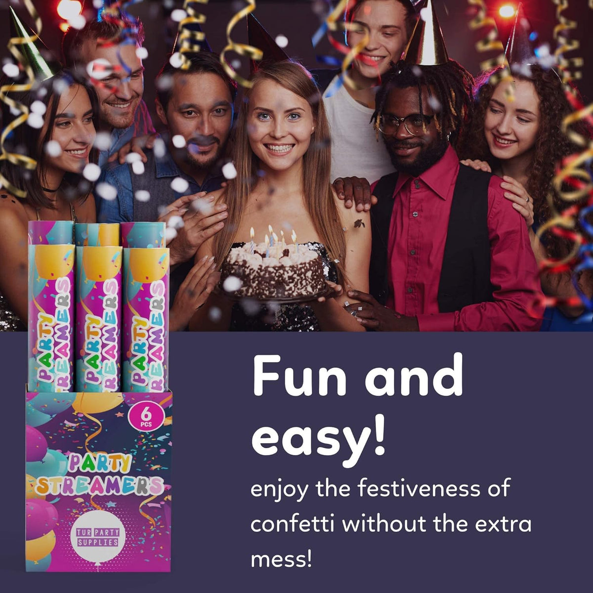 No Mess Streamer Confetti Cannon Party Poppers | 6 Pack | Multicolor Streamers | Glitter Bomb