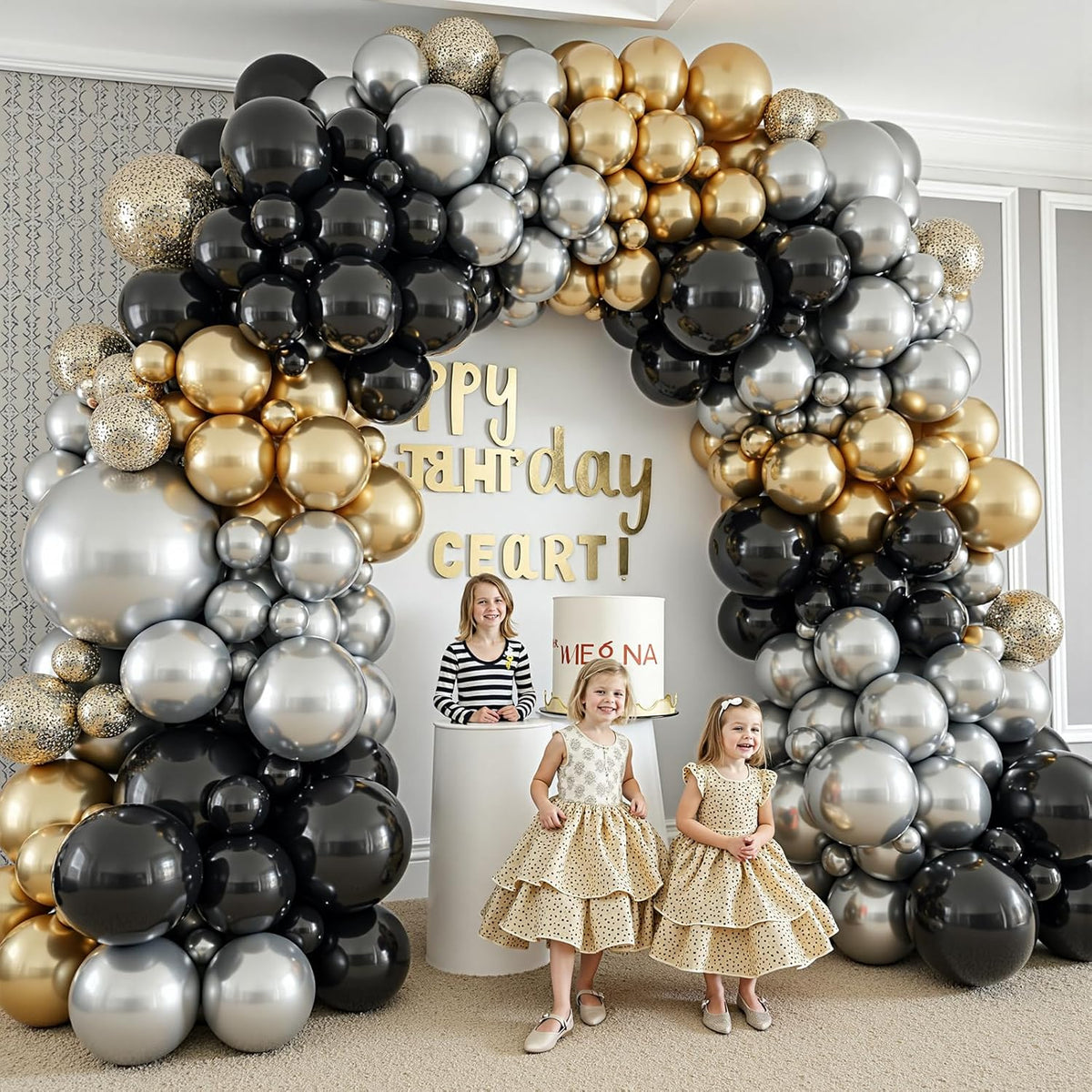 412Pcs Black Gold Silver Balloons Garland Arch Kit,18 12 10 5 Inch Different Size Latex Balloons