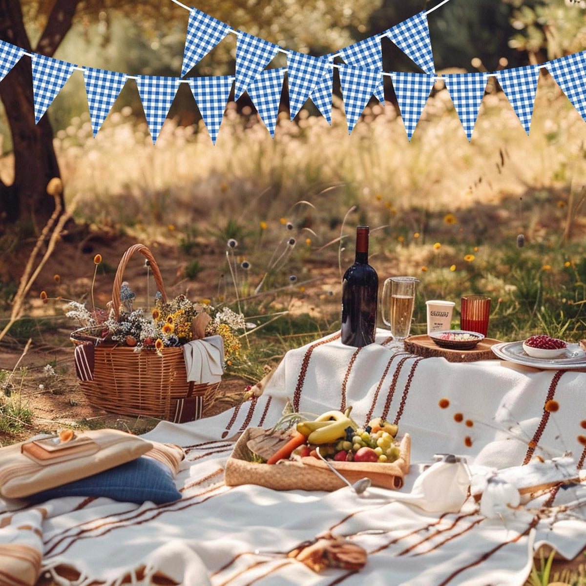 2 Pieces Blue Checkered Flags Banner, Double Sided Blue and White Gingham Bunting Garland for