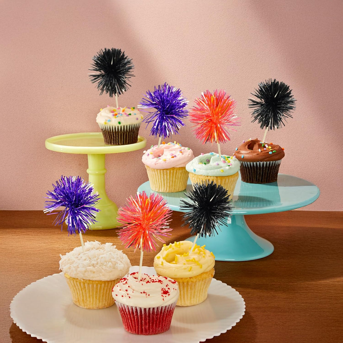 Gyufise 30Pcs Foil Firework Cupcake Toppers Sparkle Tinsel Cake Toppers Tinsel Drink Cake