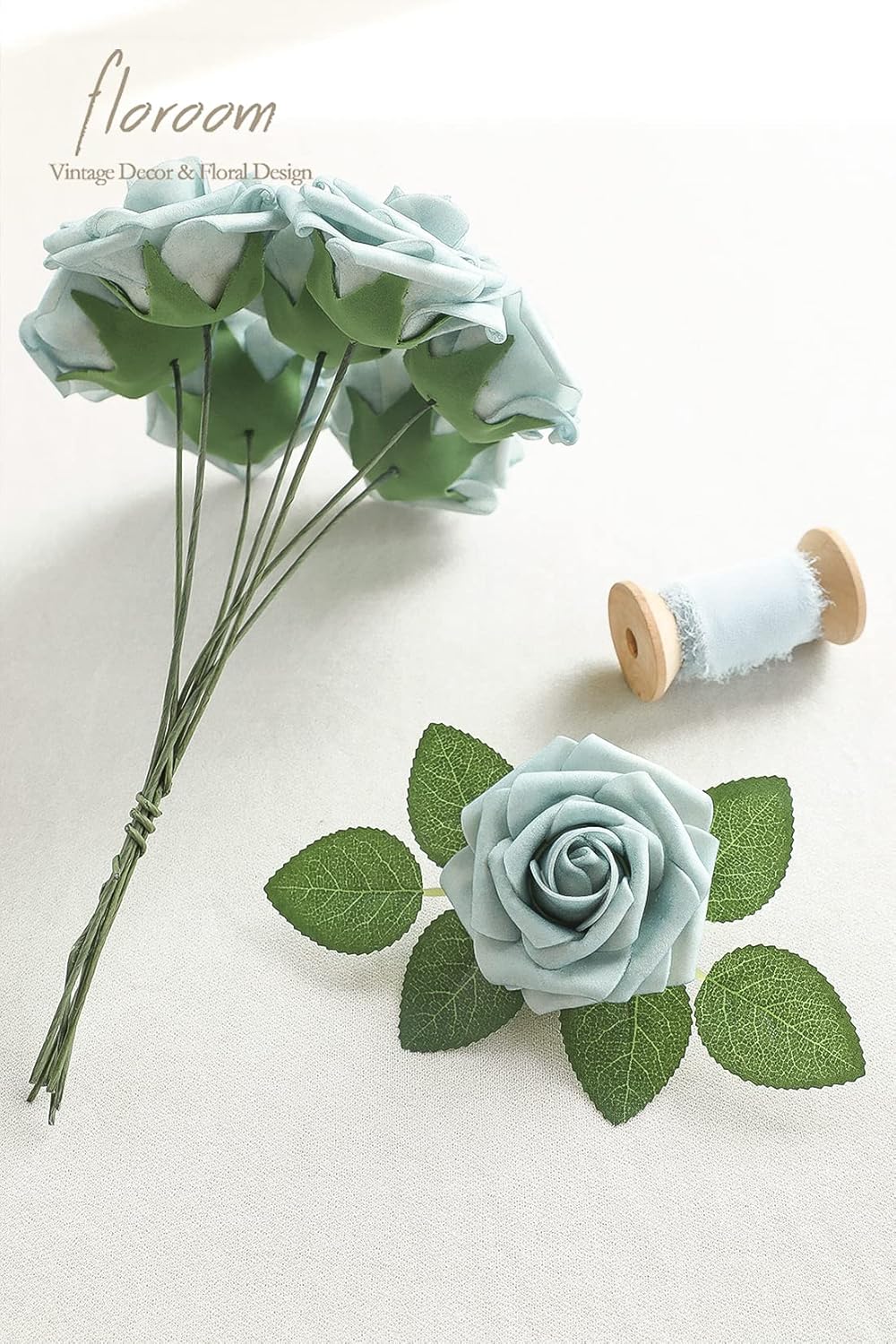 Floroom Artificial Flowers 25pcs Real Looking Dusty Blue Foam Fake Roses with Stems for DIY Wedding