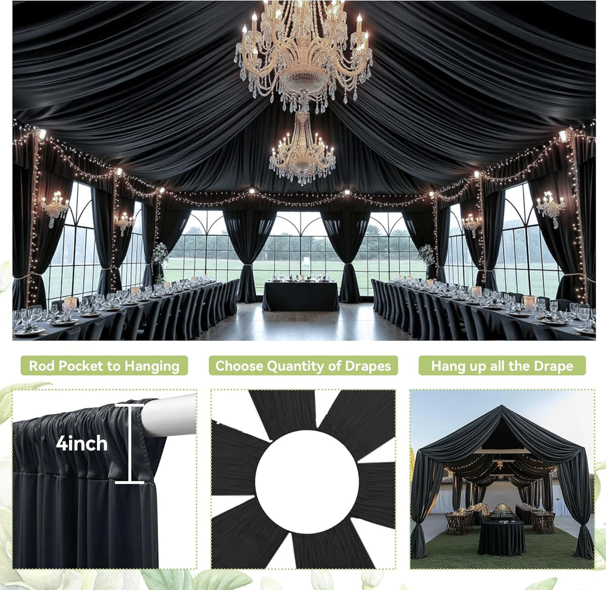 PartyVillage 8 Panels 5ftx30ft Black Ceiling Drapes for Halloween Parties – 30 FT Extra Long Thick