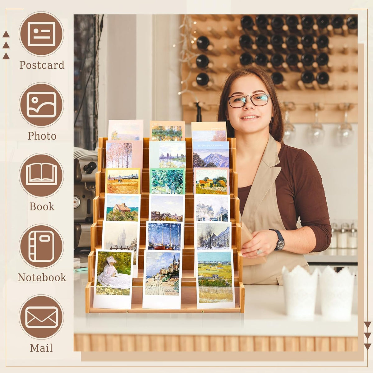6 Tier Greeting Card Display Stand Wood Color Bamboo and Acrylic Sticker Display Stand Trading Card