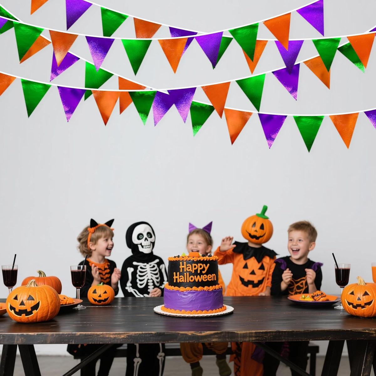 Halloween Party Decorations Metallic Fabric Green Orange Purple Triangle Pennant Banner Flag