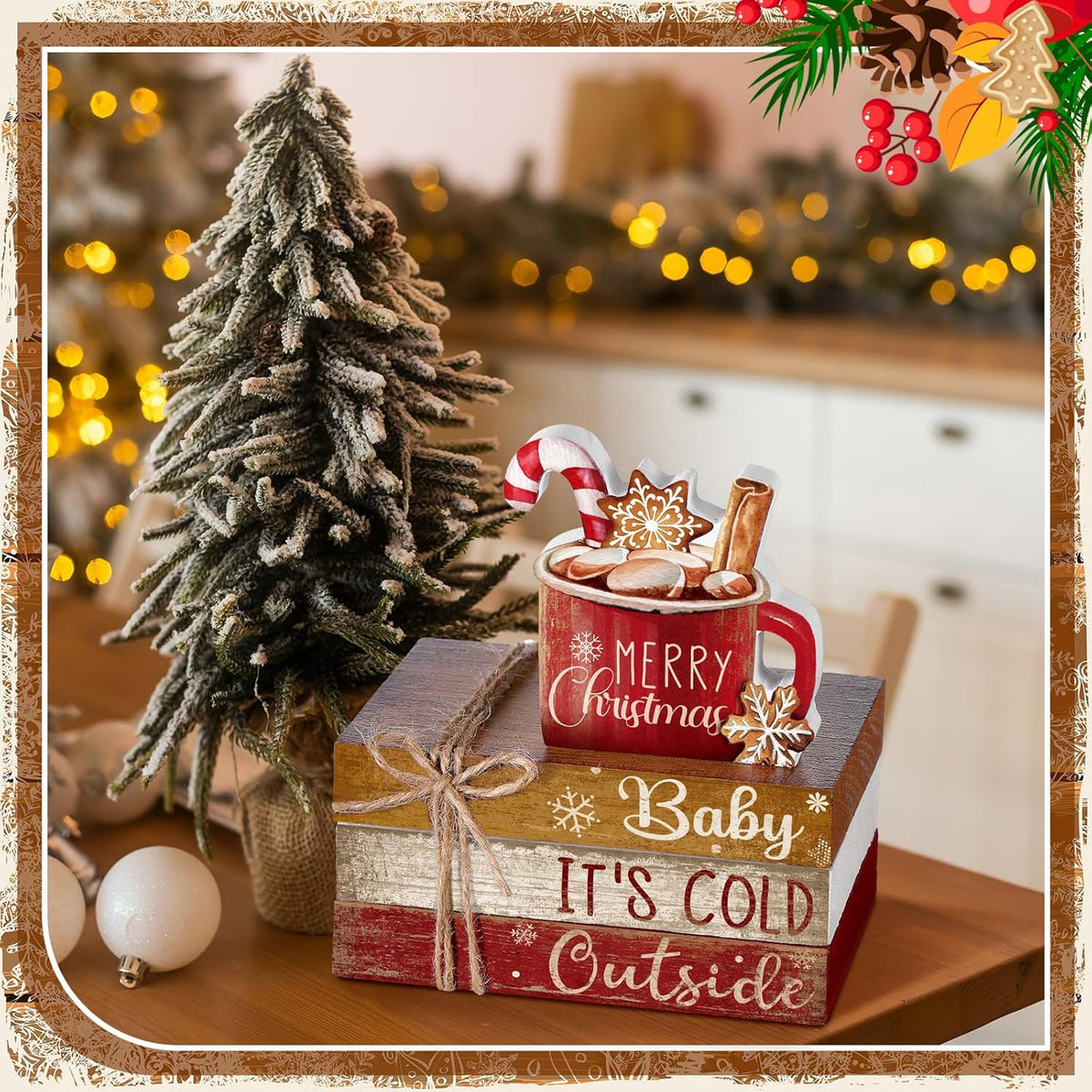 4 Pcs Christmas Table Decor Wooden Hot Cocoa Decoration Christmas Centerpiece Winter Tiered Tray