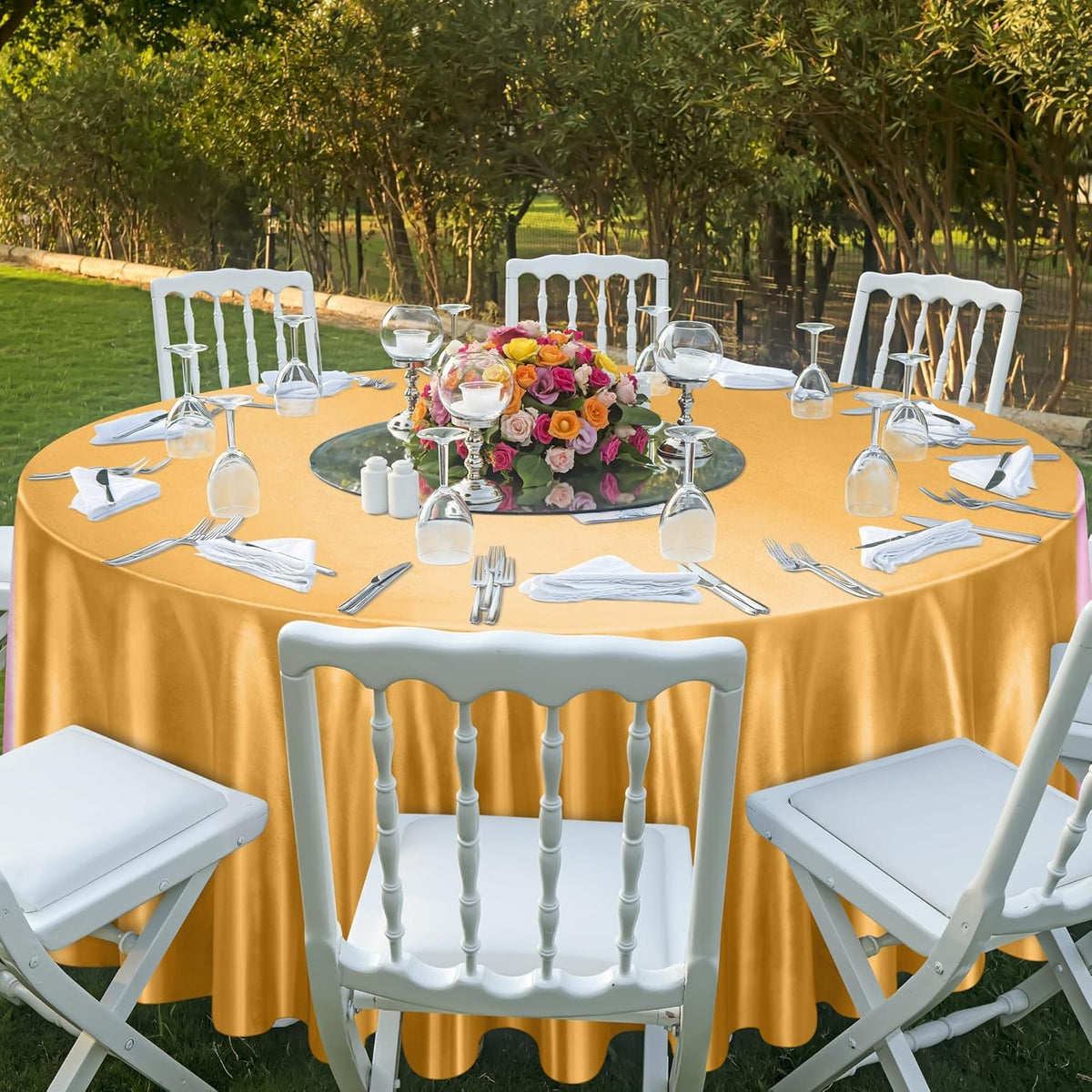 Ruisita 120 Inches Round Satin Tablecloths Gold Overlay Round Satin Table Cover Bright Silk