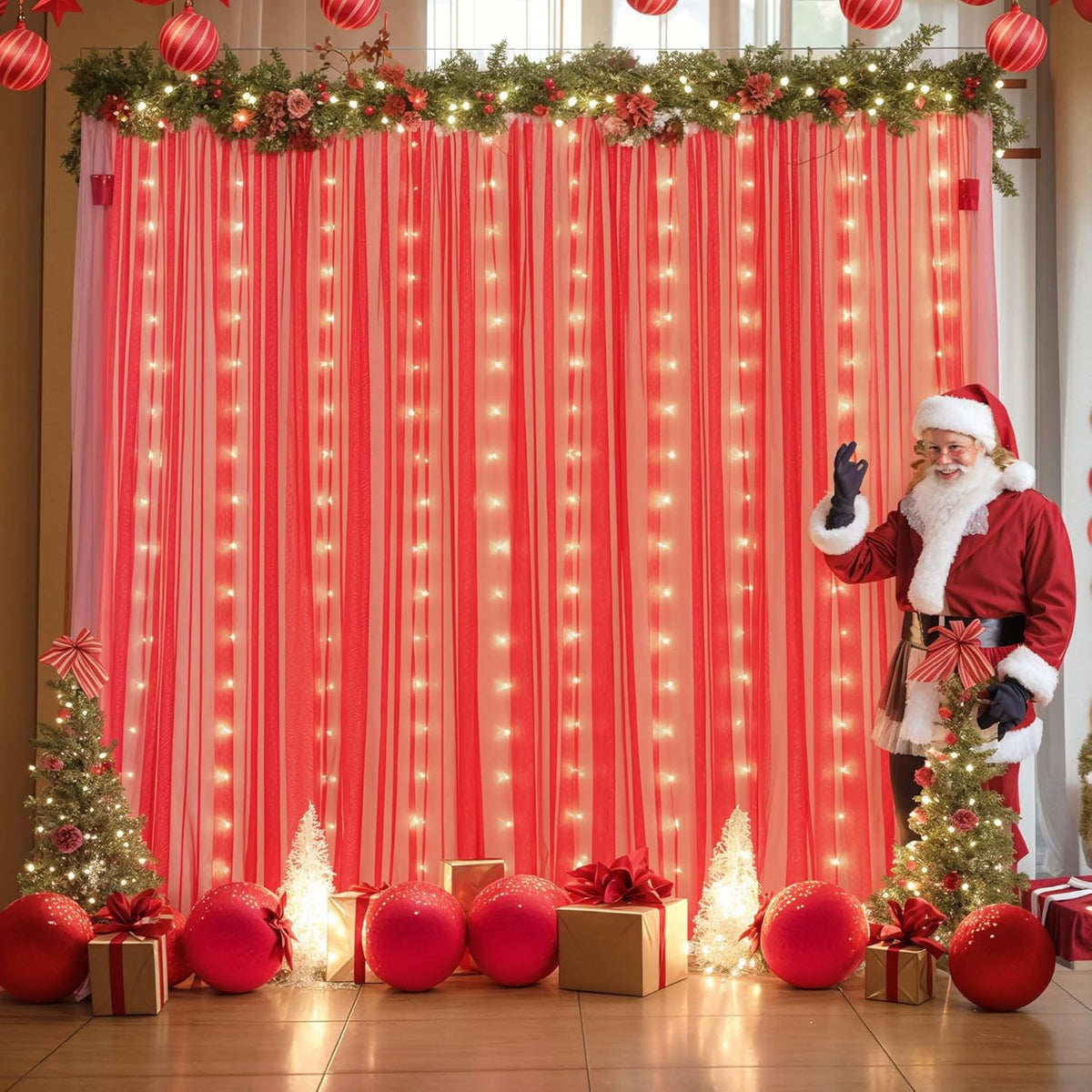 Red Tulle Backdrop Curtain with Lights String for Parites 10x8ft Red Sheer Backdrop Curtains Drapes