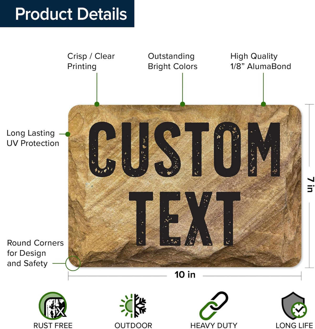 Custom Sign, Custom Street Sign, 11 Font Colors, 13 Font Styles, 4 Hole Options, 22 Sizes, 7x10