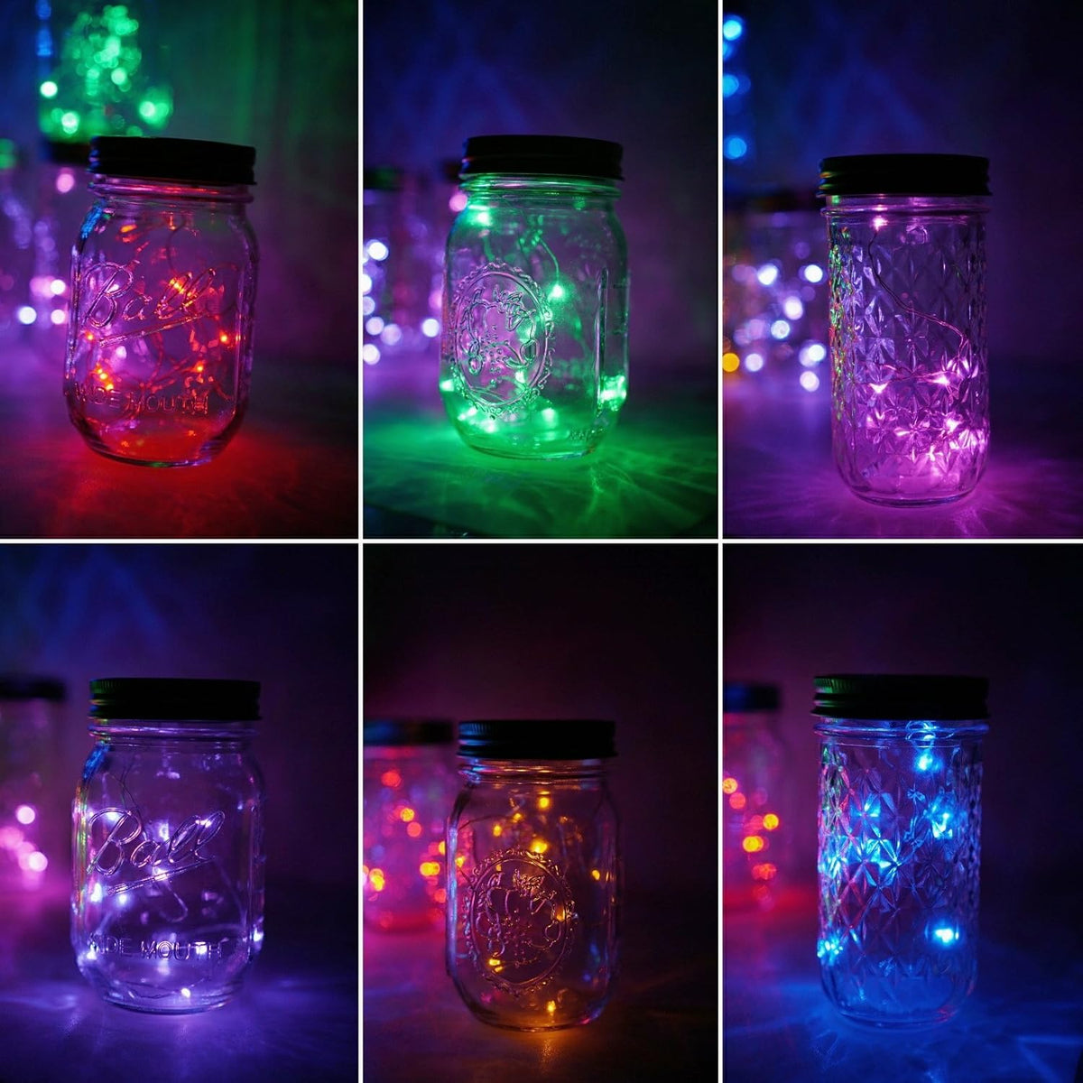 6 Pack Mason Jar Lights, 10 LED Solar Multi-Colored Fairy String Lights Lids Insert for Garden Deck