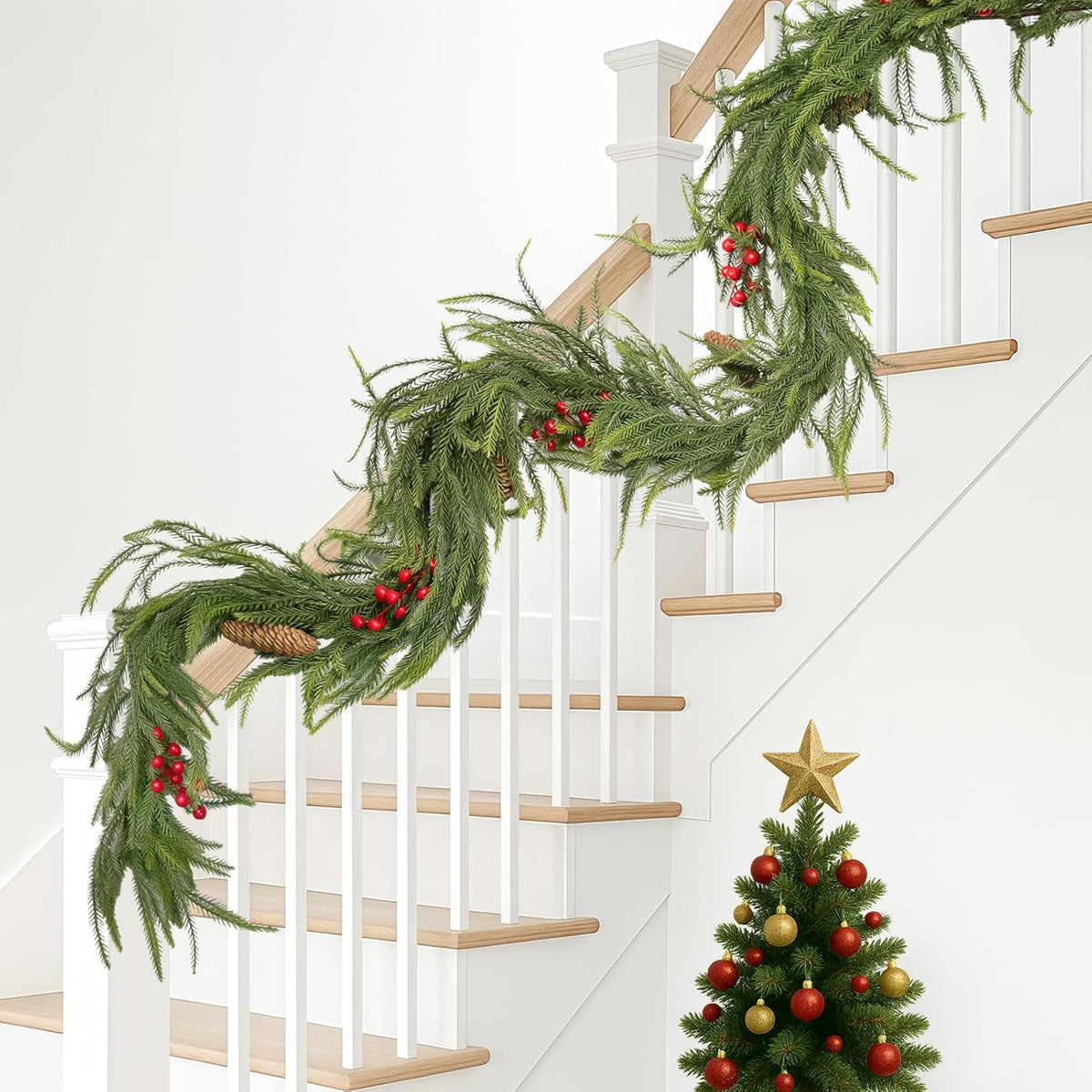 6FT Norfolk Pine Garland Christmas Artificial Greenery with Red Berries Cones, Pine Tree Decor for