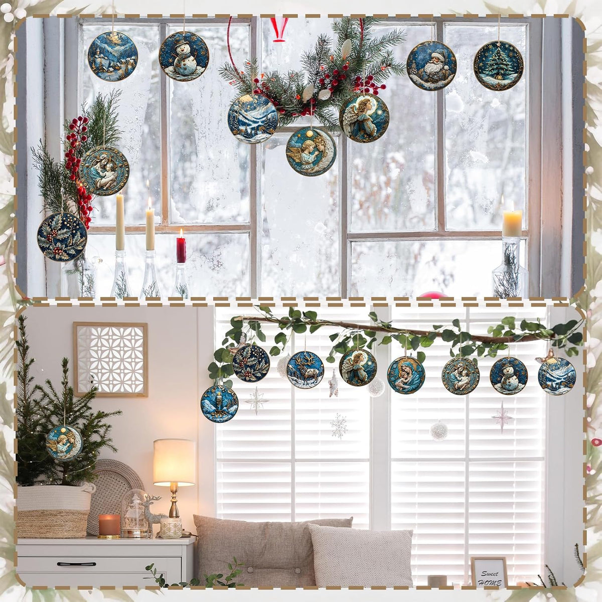 Suzile 36 Pcs Christmas Wooden Ornaments Navy Blue Christmas Tree Decoration Retro Round Nativity