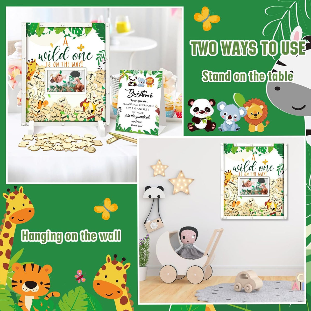 65 Pcs Safari Animal Baby Shower Guest Book Alternatives He or She Gender Reveal Baby Shower