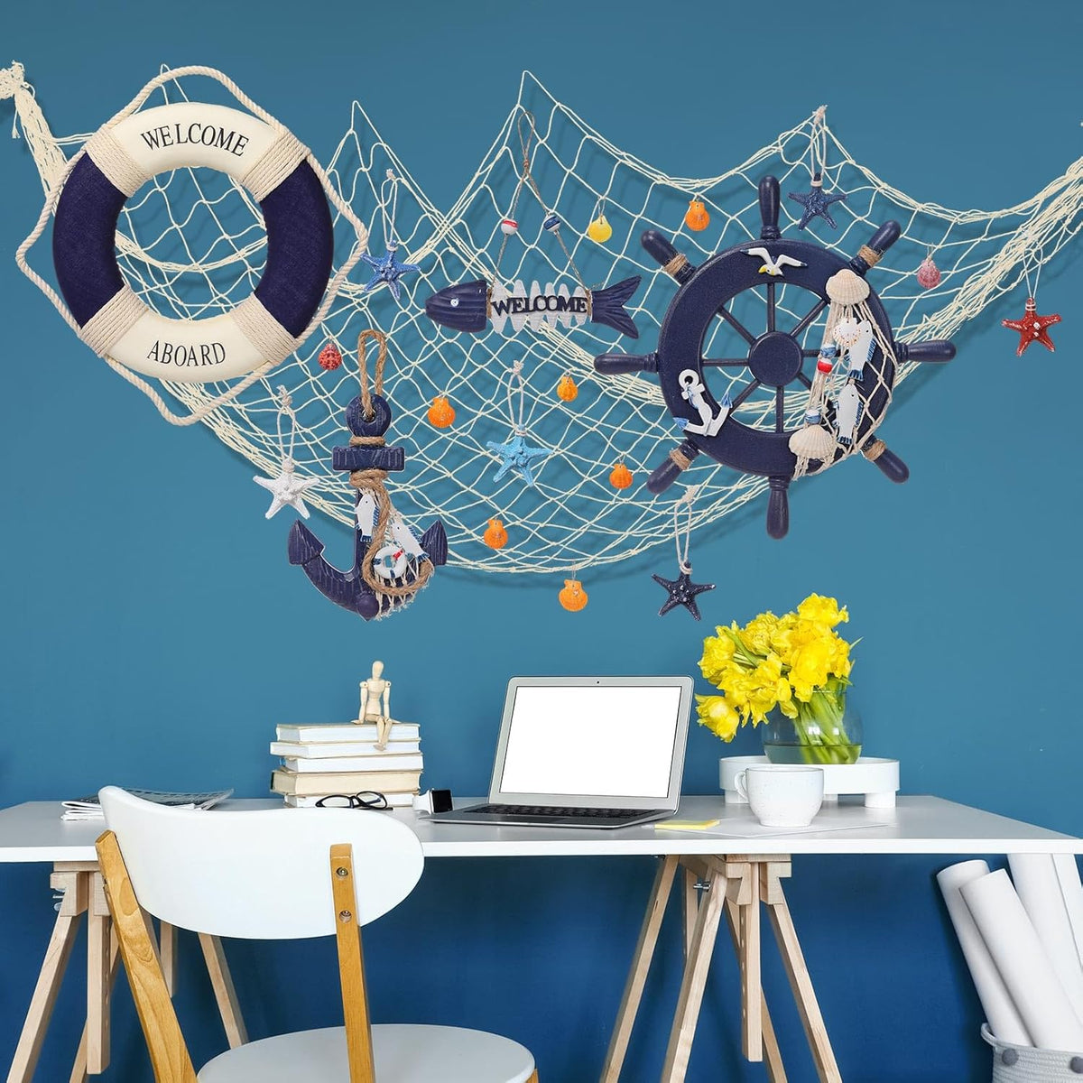 Marsui 11 Pcs Wooden Nautical Wall Decor Fishing Net Decoration, Include Decorative Fishing Net