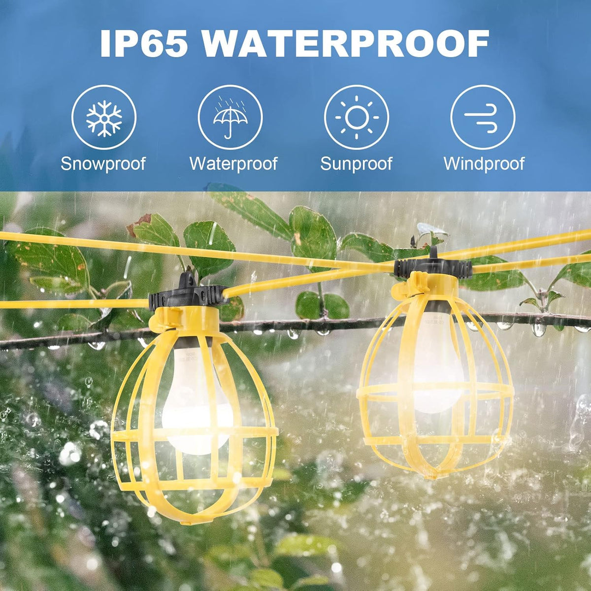 100FT Construction String Lights with Outdoor Extension Cord Safety Cover, 100W 11 Bulbs Work