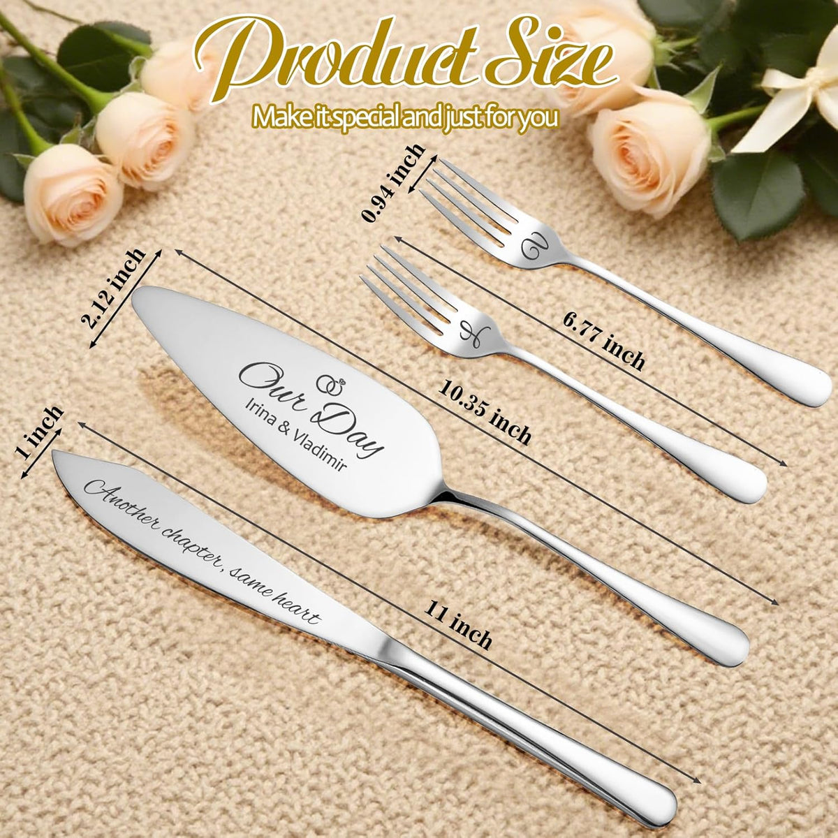 Personalized 4 Piece Wedding Cake Cutting Set, Custom Names Cake Knife and Server set with Forks