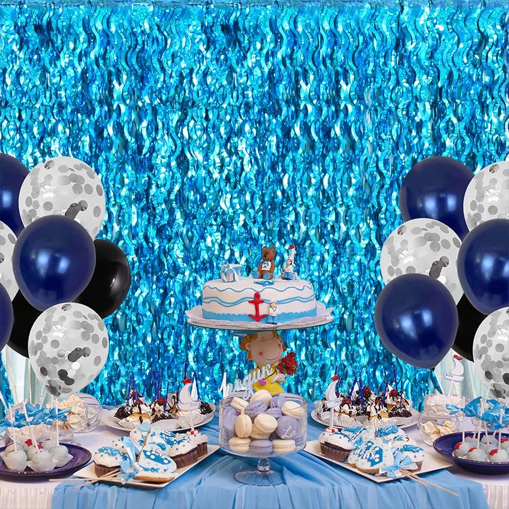 TONIFUL 3Pcs Wavy Metallic Tinsel Foil Fringe Curtains Teal Blue Streamer Backdrop for Photo Booth