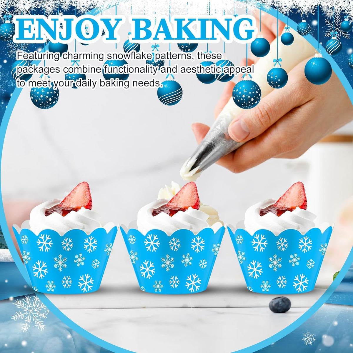 Domensi 100 Pcs Snowflake Cupcake Wrappers Blue Cupcake Liners Christmas Blue Snowflake Baking Cups