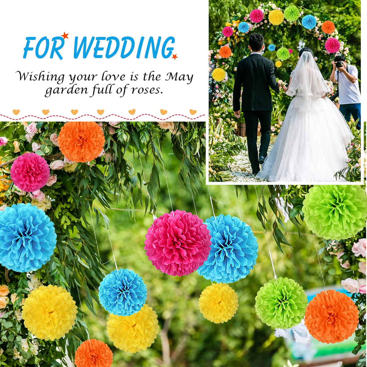 Tissue Pom Pom Paper Flower Ball Party Decorations - 15 Pcs 10, 12, 14 Inch -for Wedding, Birthday