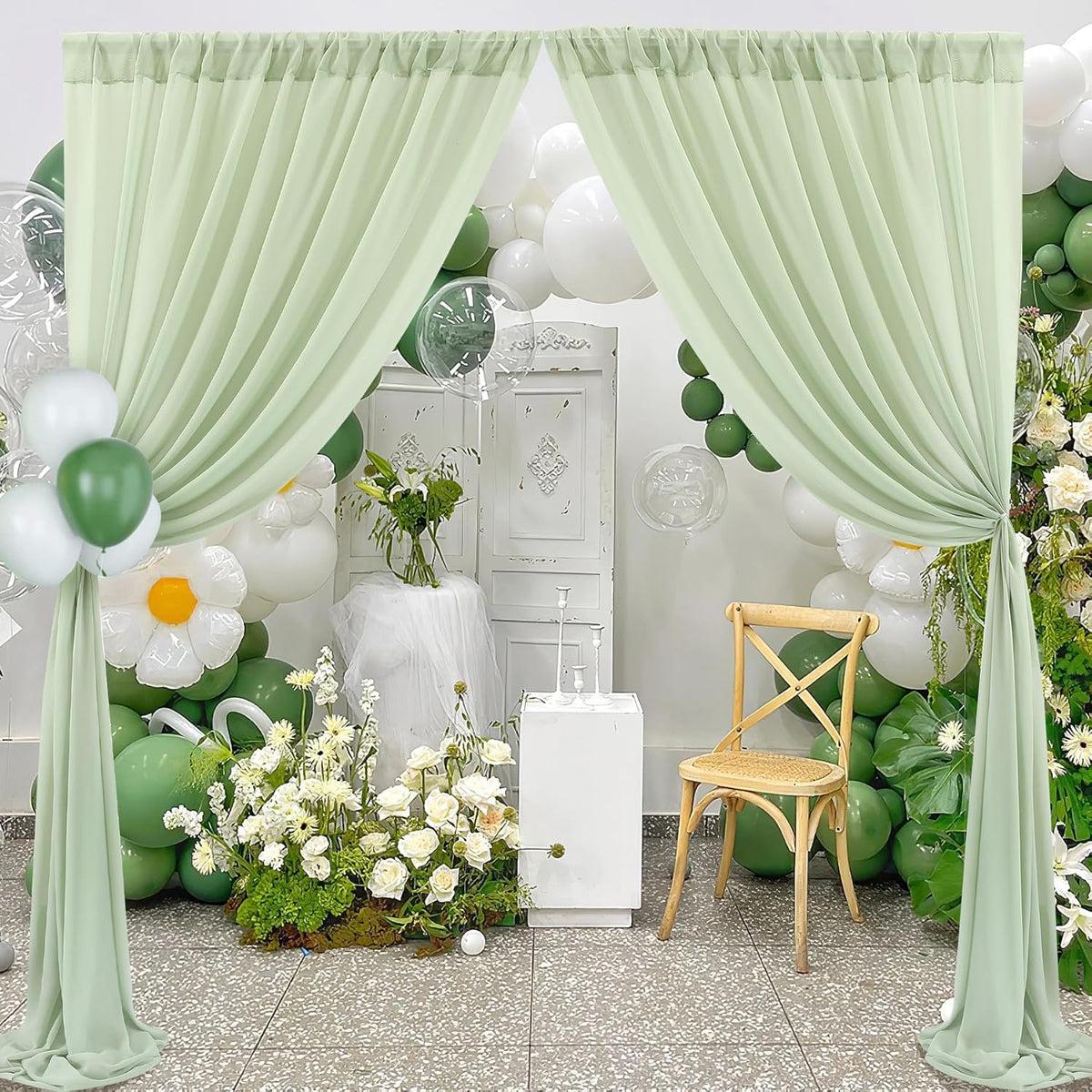 PARTISKY 10x10ft Sage Green Chiffon Sheer Backdrop Curtains, Wrinkle-Free Wedding Backdrop Drapes