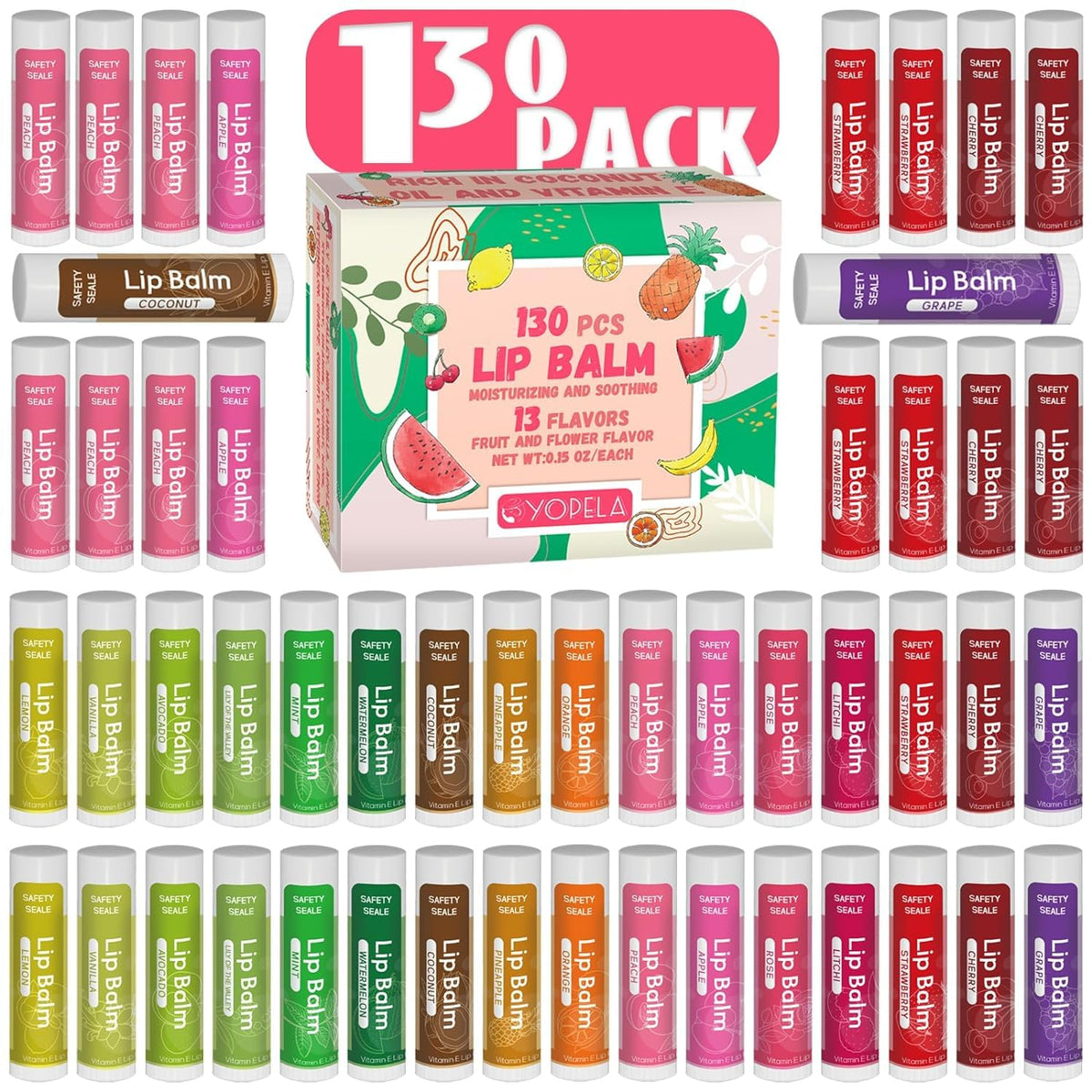 130 Pack Natural Lip Balm Bulk with Vitamin E and Coconut Oil Valentine's Day best choice