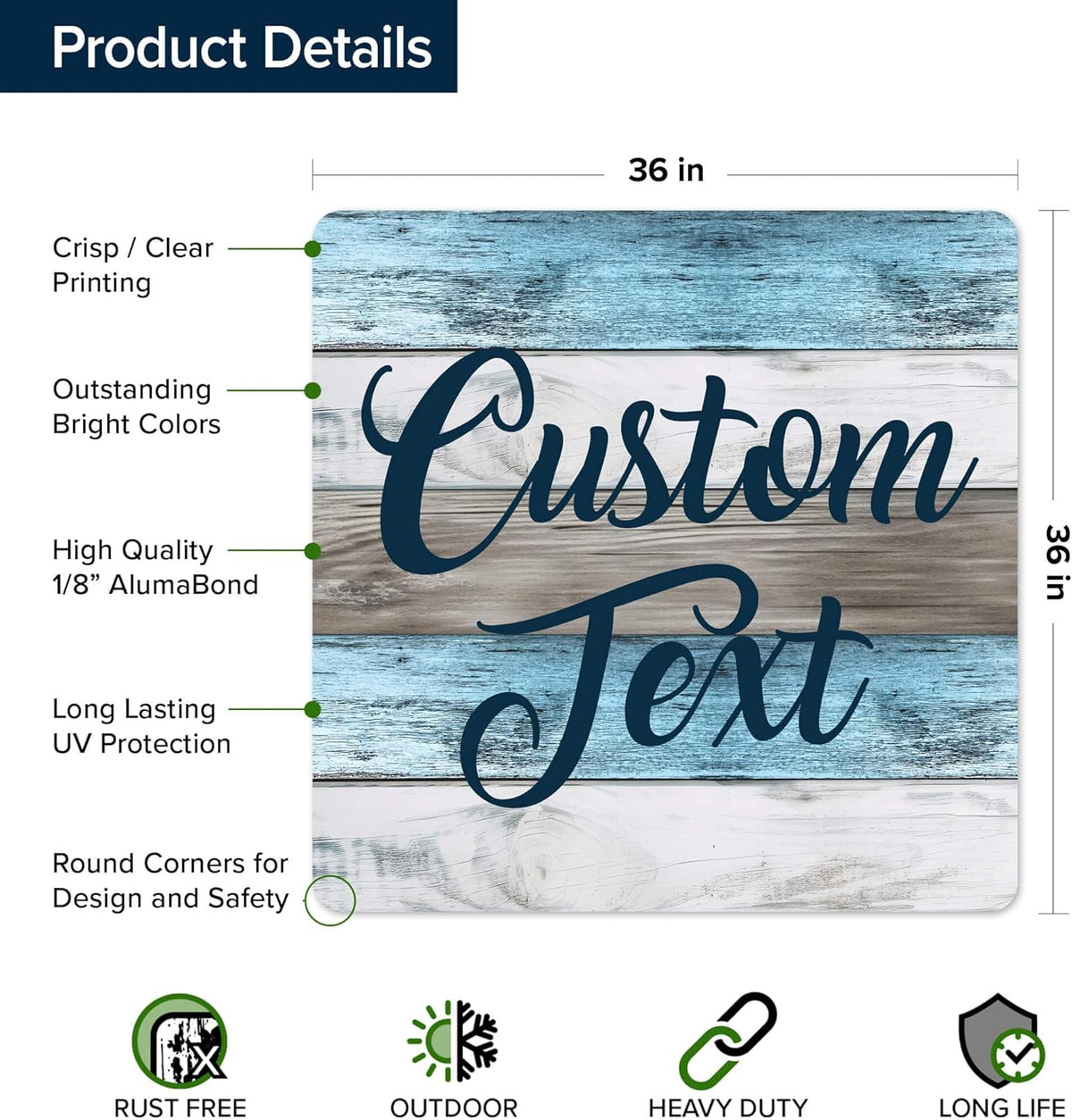 Custom Sign, Custom Street Sign, 11 Font Colors, 13 Font Styles, 4 Hole Options, 22 Sizes, 36x36