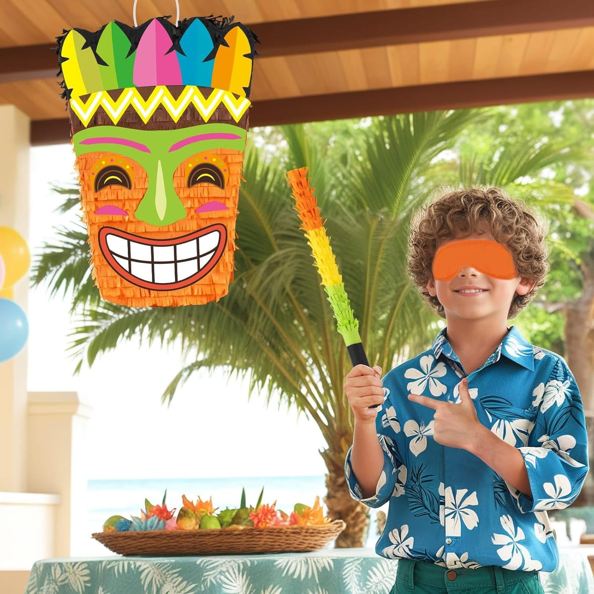 WERNNSAI Tiki Piñata -Tropical Hawaii Piñata with Blindfold and Bat for Girls Boys Kids Piñata