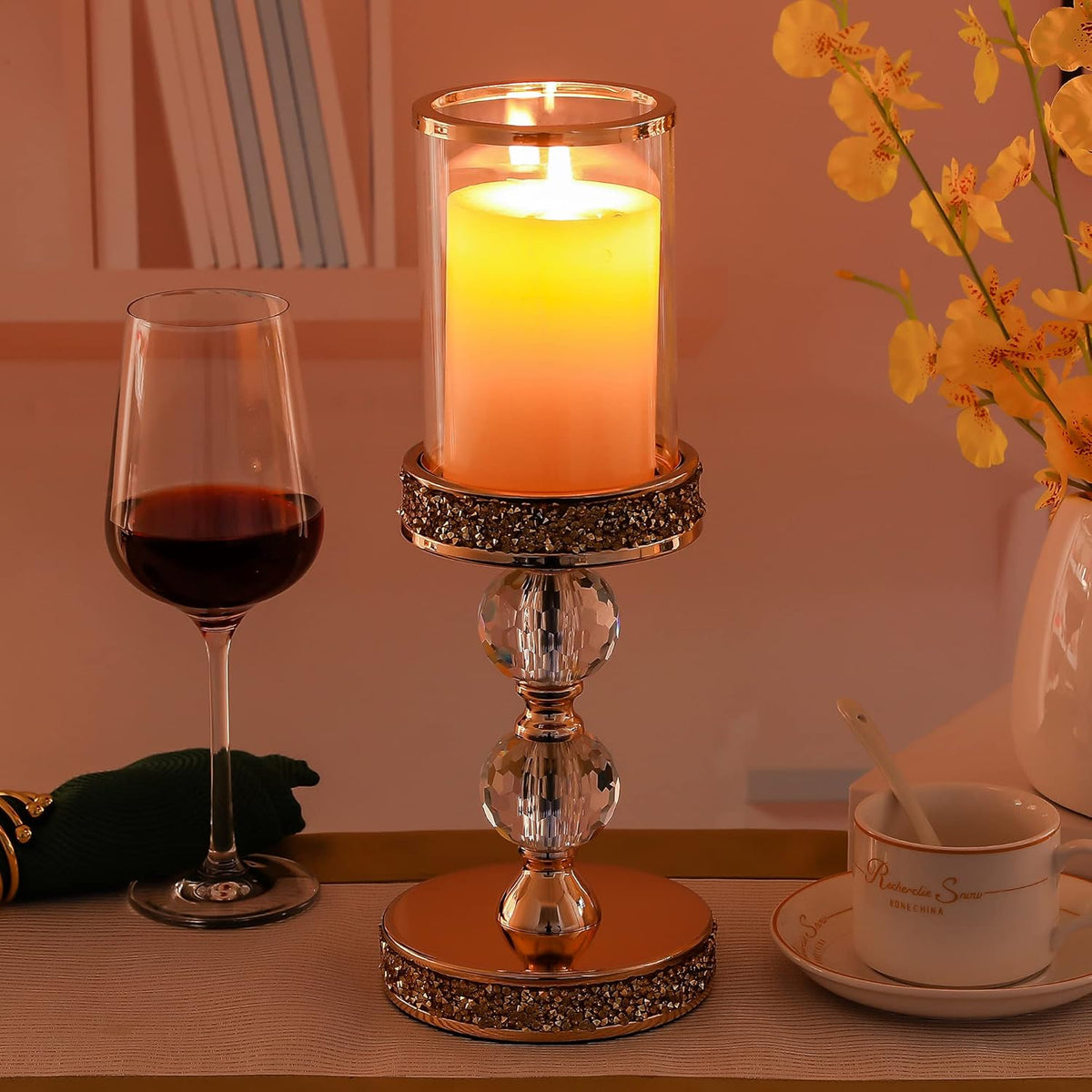 Pillar Candle Holder, 13 Inch Crystal Candlesticks for 3''X5'' Candles, Dining Coffee Table Decor