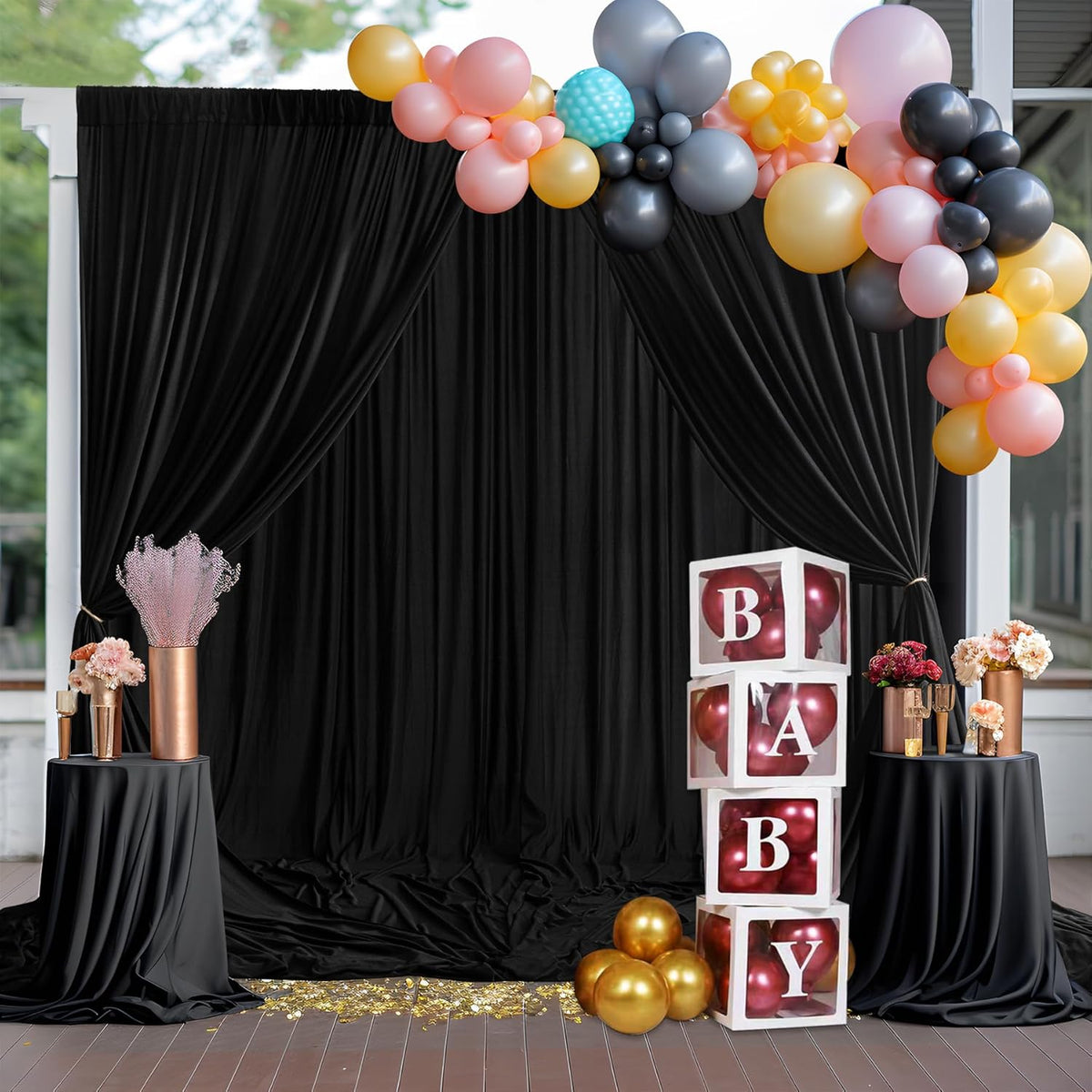 10ft×9ft Black Backdrop Curtain, Wrinkle Free Thick Polyester Drapes for Backdrop, 2 Panels 5ft x