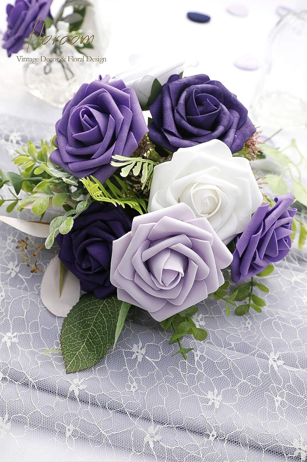 Floroom Artificial Flowers 25pcs Real Looking Violet Purple Foam Fake Roses with Stems for DIY