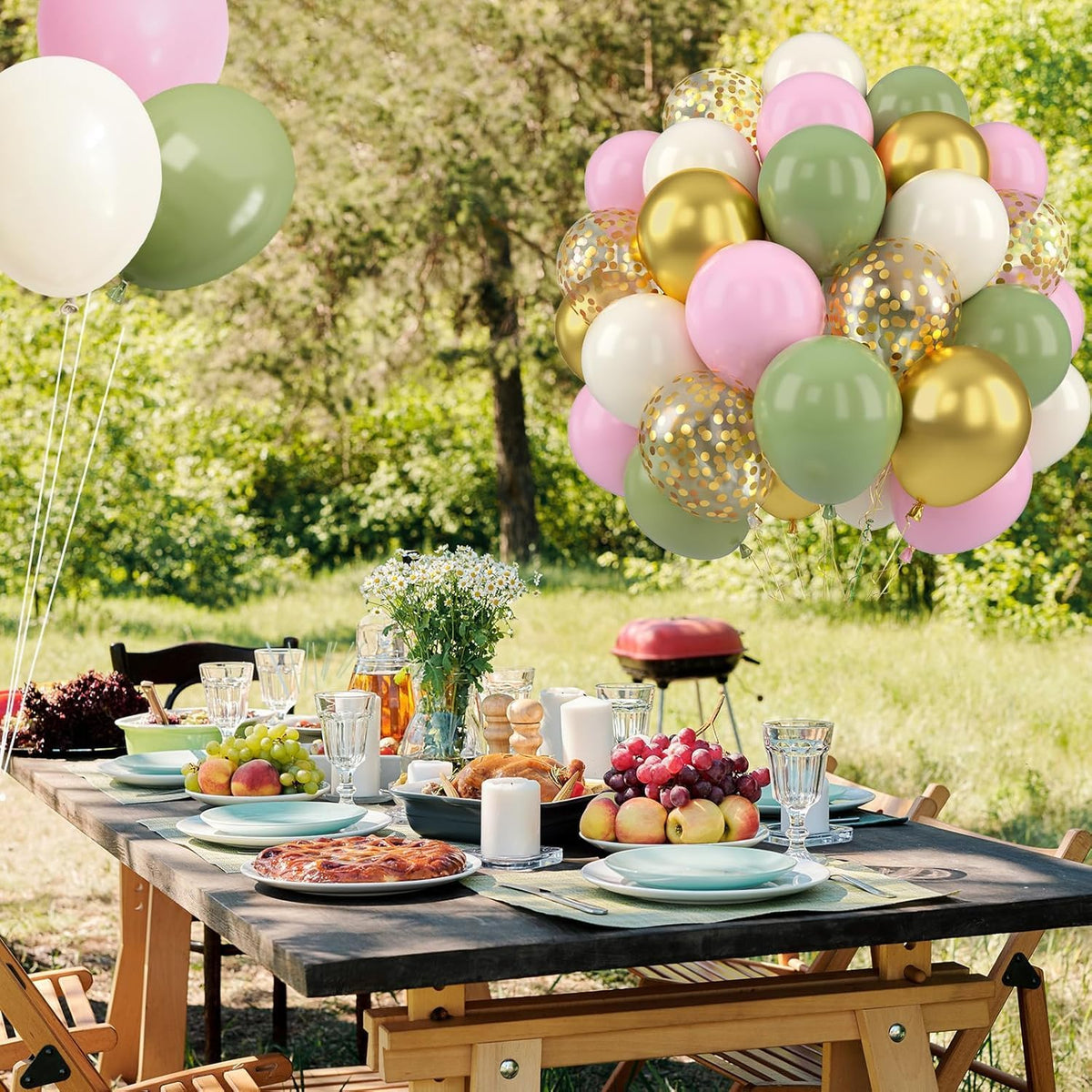 Paready Pink and Green Balloons, 50 PCS Sage Green Pink Balloons, 12 Inch Metallic Gold Confetti