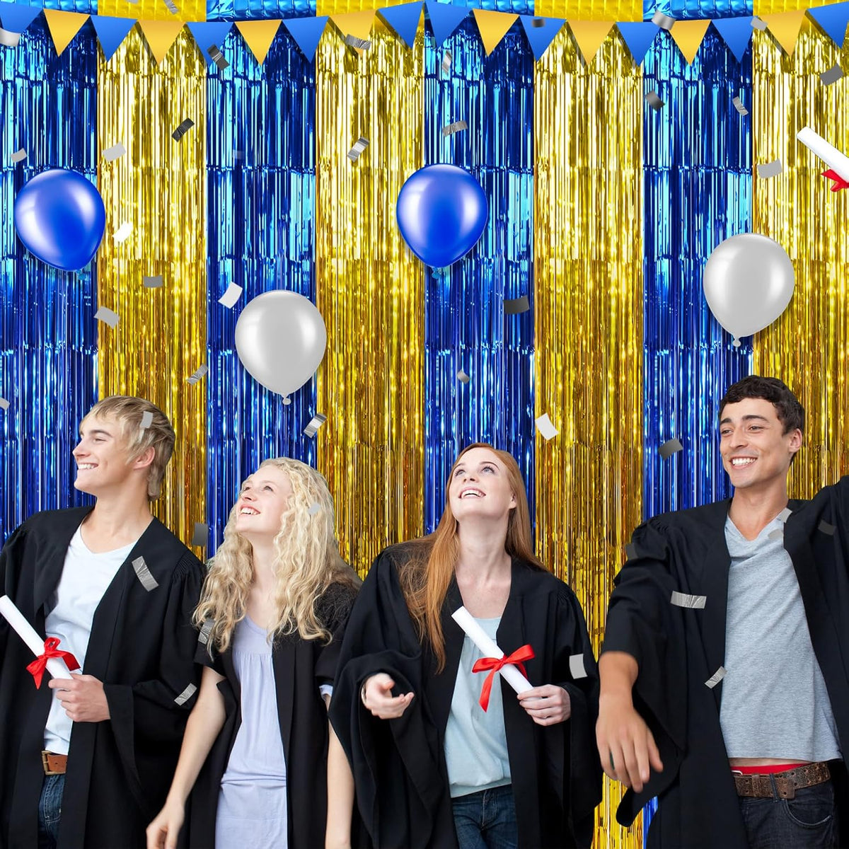 3 Pack 3.3Ft x 6.6Ft Graduation Foil Fringe Curtain Backdrop Decorations, Blue Gold Metallic Tinsel
