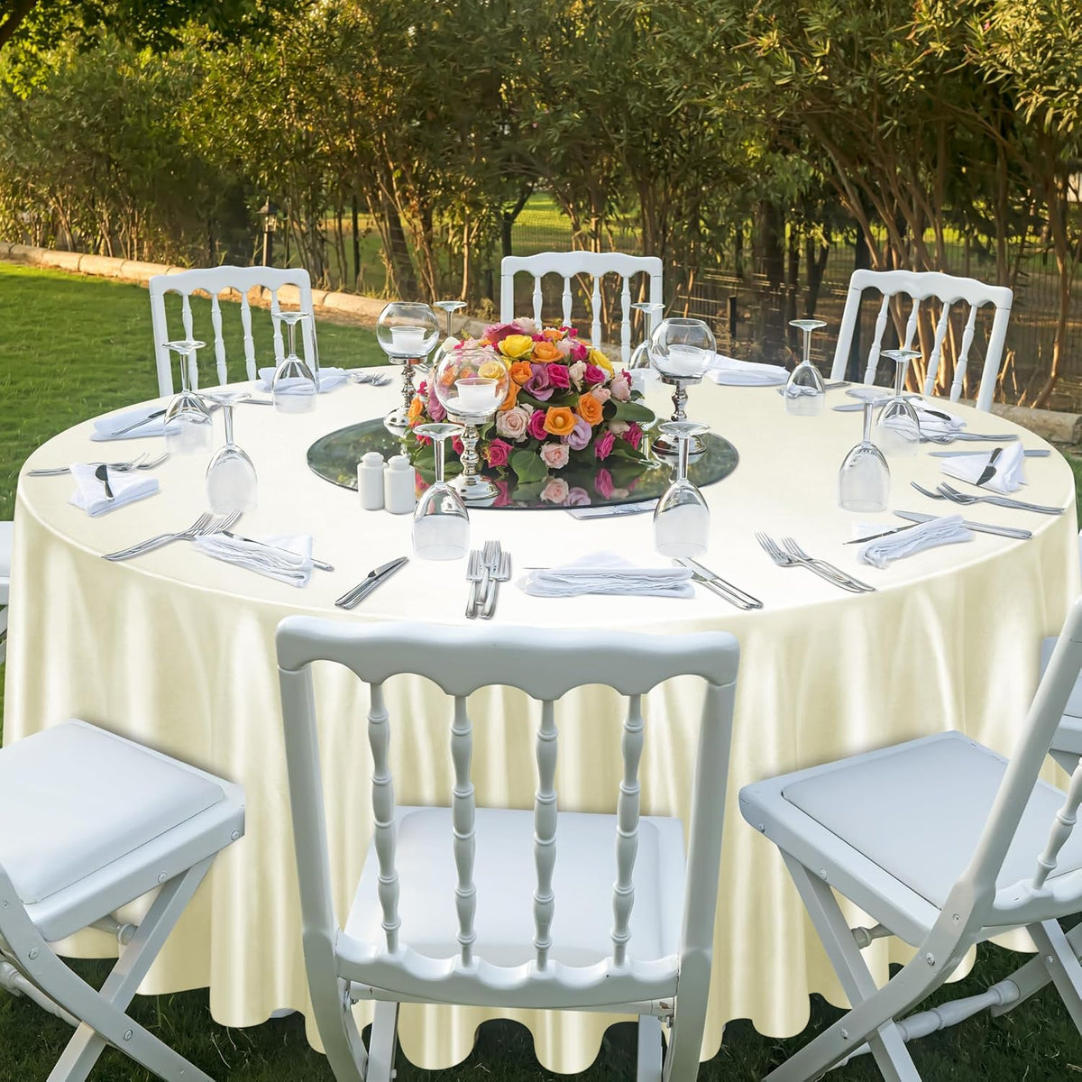 Ruisita 120 Inches Round Satin Tablecloths Ivory Overlay Round Satin Table Cover Bright Silk Smooth