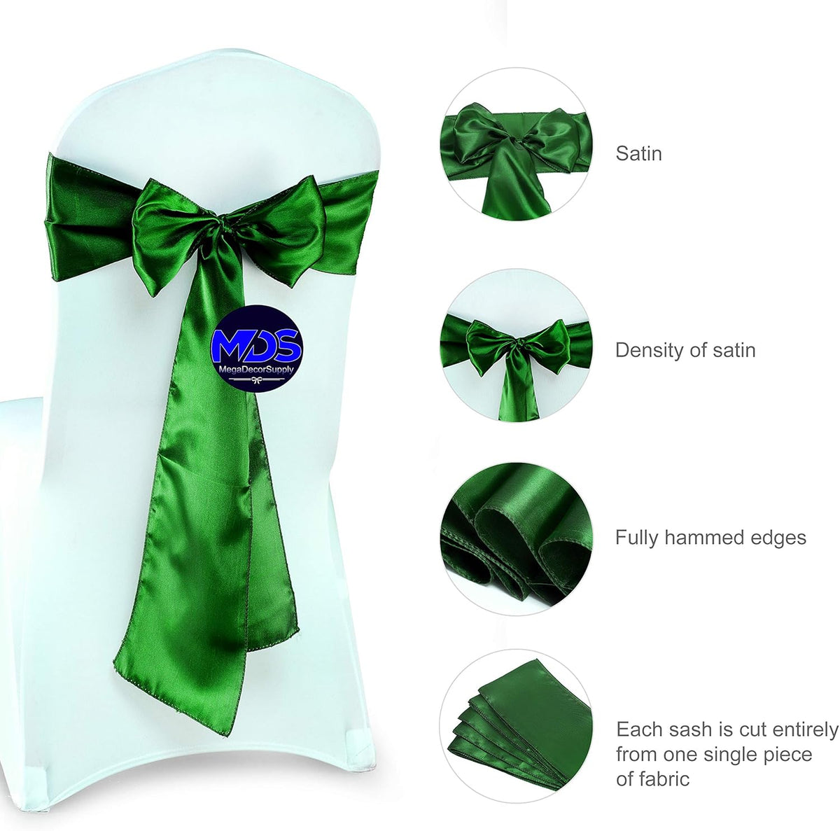 MDS Pack of 300 PCS Satin Chair Sashes Charmeuse Sateen Dining Chair Bows Ribbon Ties Back Sash for