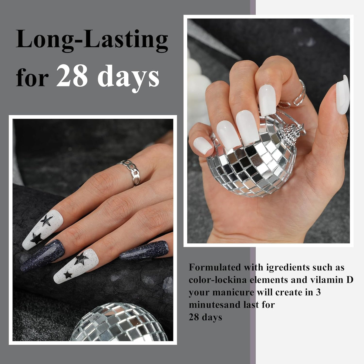 Dip Powder Nail Kit Starter, 6 Colors Glitter Dark Black White Dipping Powder Kit With Base & Top